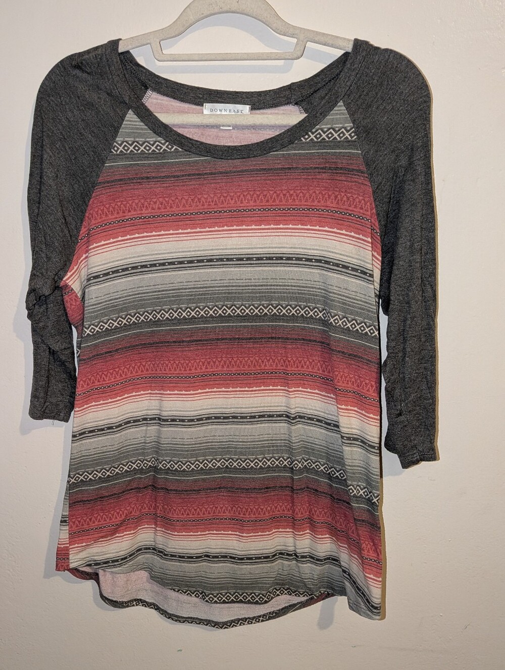 DownEast Striped Raglan Top in Rose and Charcoal Size L